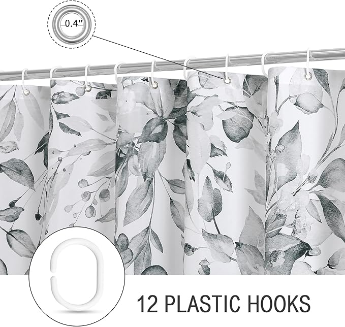 Gibelle Small Stall Shower Curtain 36 x 72, Narrow Grey Floral Decorative Bathroom, Watercolor Plant Eucalyptus Leaves Fabric with Hooks