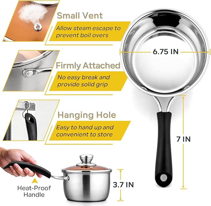 E-far Saucepan with Lid, Max Capacity 2 Quart Stainless Steel Sauce Pot with Glass Lid for Cooking, Easy Clean & Rust Free, Dishwasher Safe