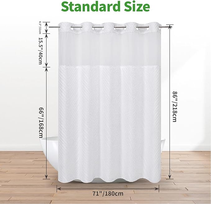 Extra Long No Hook Shower Curtain and Liner Set，Boho Style with See Through Top Window, White Fabric Tufted Striped Textured Outer Curtain with Snap in Liner, White, 71Wx86H