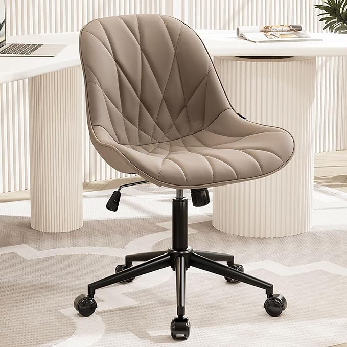 Rowill Modern Office Chair - Ergonomic Swivel Leather Desk Chair with Curved Backrest, Height Adjustable Rolling with Wheels, Perfect for Study Room & Office, Khaki