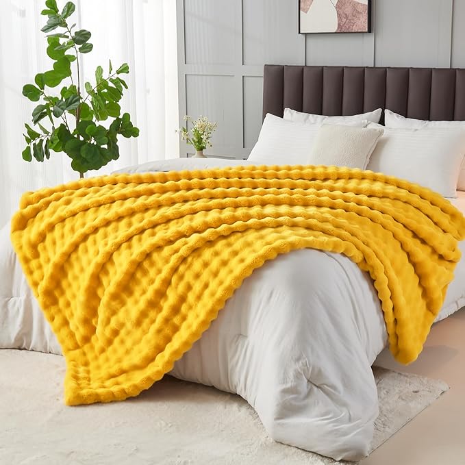 NEWCOSPLAY Faux Fur Throw Blanket Mustard Yellow Bubble Blanket Thick Warm Soft for Couch Sofa Bed 550GSM (Mustard Yellow, Throw(50"x60"))