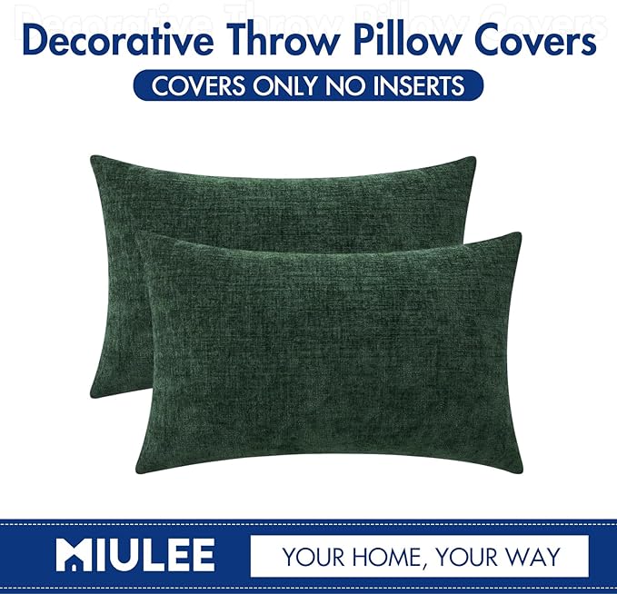 MIULEE Pack of 2 Green Throw Pillow Covers 12x20 Inch Soft Chenille Pillow Covers for Sofa Living Room Couch Solid Dyed Cases