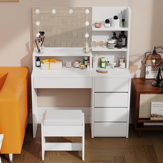 Vanity Desk with Mirror and Lights, 37-Inch Wide Makeup Vanity with Upholstered Vanity Stool, 5 Drawers Makeup Table with Lighted Mirror, 3 Lighting Modes Brightness Adjustable for Bedroom, White