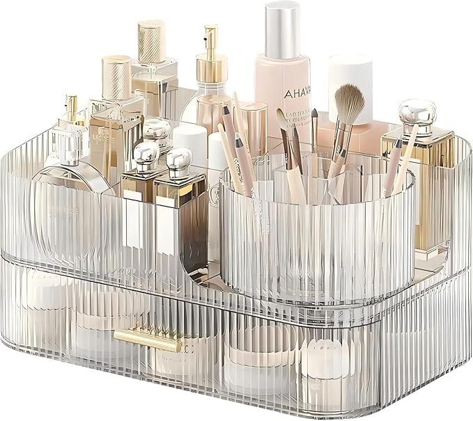 DASITON Makeup Organizer with Drawers and Rotating Makeup Brush Holder,Large Capacity Stackable Cosmetic Organizer Countertop,Bathroom Organizers and Storage,Make up Organizers for Vanity (Clear 02)