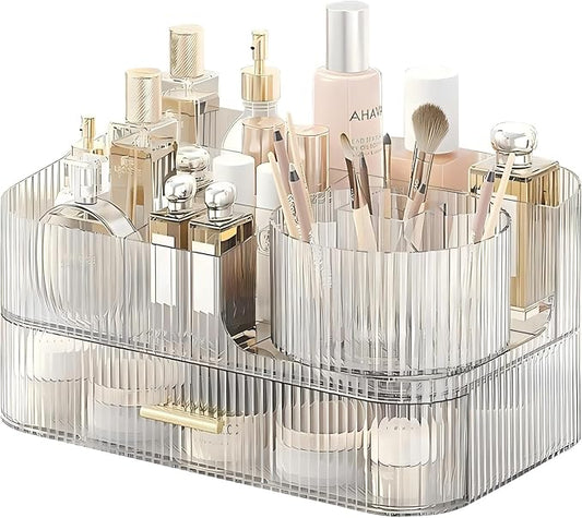 DASITON Makeup Organizer with Drawers and Rotating Makeup Brush Holder,Large Capacity Stackable Cosmetic Organizer Countertop,Bathroom Organizers and Storage,Make up Organizers for Vanity (Clear 02)