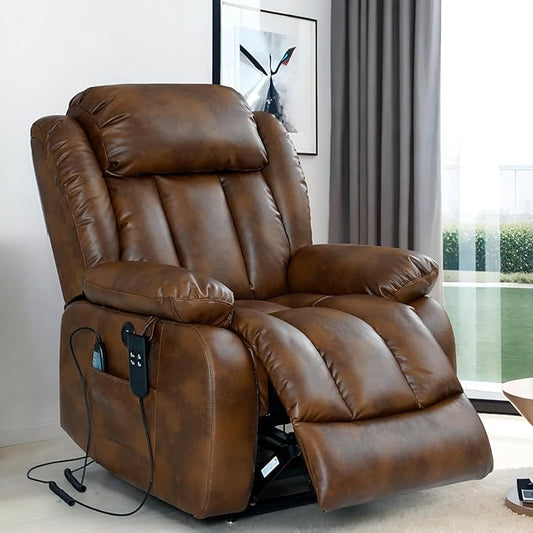 TEKAMON Power Lift Recliner Chair for Elderly with Heat & Massage, Dual Motor Breathable Leather Recliner, Lay Flat Sleeping Chairs with Infinite Position, RemoteControl & USB Ports(Ochre)