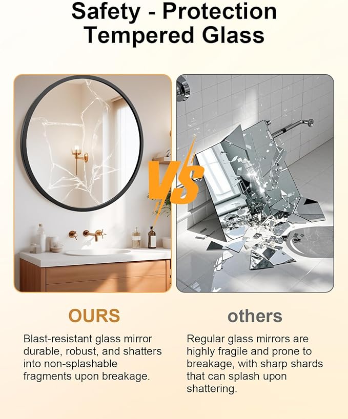 Round Bathroom Mirror 30" X 30" Wall Mount Dresser Metal FrameMirror Over Sink Vanity Hungs Horizontally Or Vertically for Bedroom, Entryway, Living Room,Black