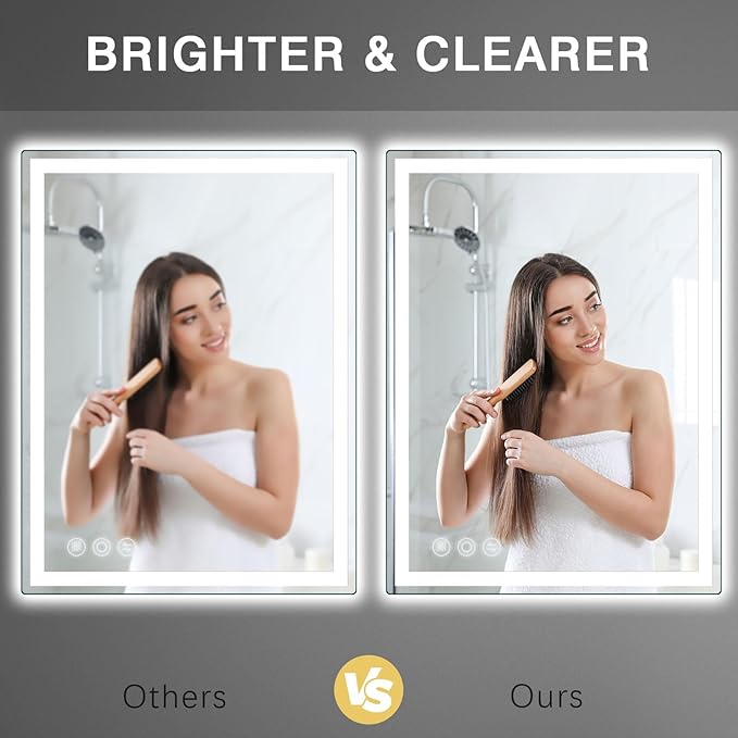 LED Bathroom Mirror 24"x 32" with Stepless Dimmable Wall Mirrors with Anti-Fog, Dimmable CRI>90, Vanity Mirror with 3 Color Modes, Shatter-Proof, Memory Bathroom Mirror with LED Lights
