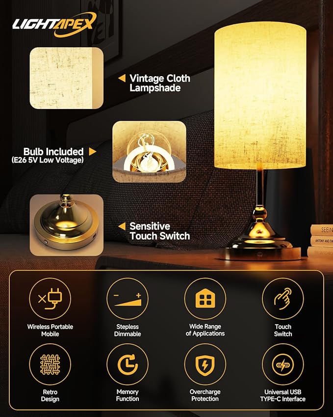 Lightapex Vintage Small Cordless Table Lamps with Stepless Dimming, Portable Rechargeable Bedside Lamps with Touch-Control for Bedroom, Living Room, and Reading, Cylinder(Brassy)