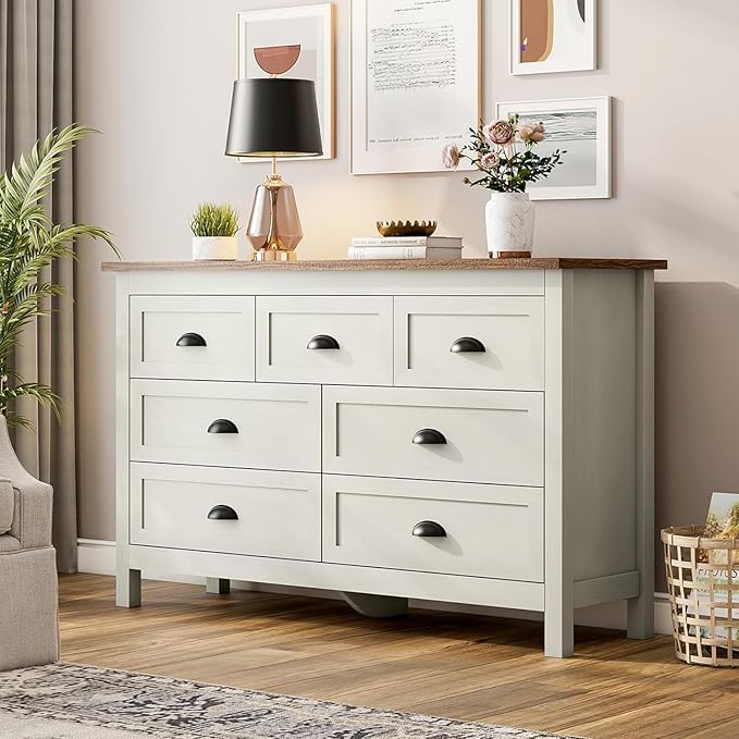 Wananlanen® Farmhouse Dresser for Bedroom, Antique Double Dresser & Chest of Drawer with Vintage Handle and Storage, Wooden Tall Rustic Organizer for Bedroom (Antique White, 7 Drawer)