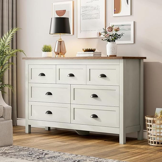 Wananlanen® Farmhouse Dresser for Bedroom, Antique Double Dresser & Chest of Drawer with Vintage Handle and Storage, Wooden Tall Rustic Organizer for Bedroom (Antique White, 7 Drawer)