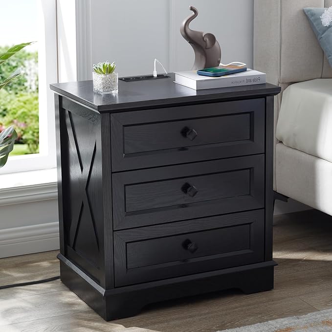 Farmhouse 3 Drawers Dresser for Bedroom, Rustic Small Chest of Drawers with Charging Station, Wood Closet Organizers, Black Modern Tall Nightstand/End Table for Bedroom, Living Room, Entryway