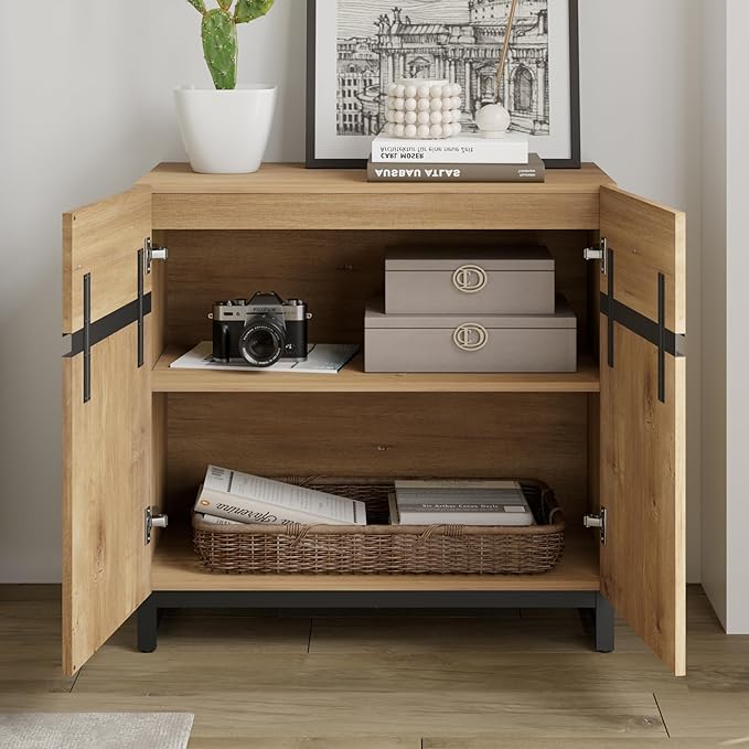 WAMPAT Modern TV Stand for TVs Up to 40 Inch, Entertainment Center with Adjustable Shelves and Metal Base, Media Console for Living Room and Bedroom, Oak