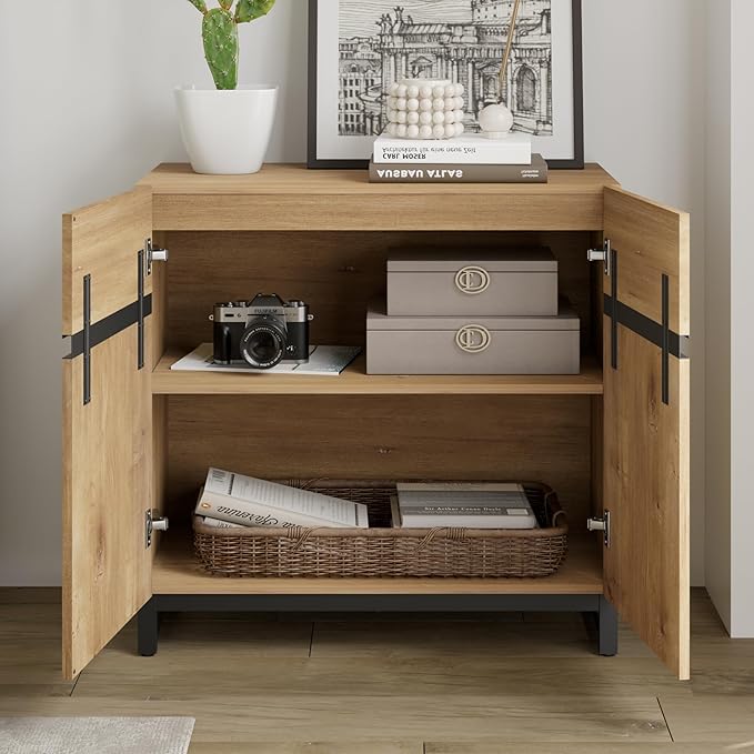 WAMPAT Modern TV Stand for 75-110 Inch TVs, Oak Wooden Entertainment Center with Metal Base & Adjustable Shelves, 31.5 Inch, Living Room, Bedroom