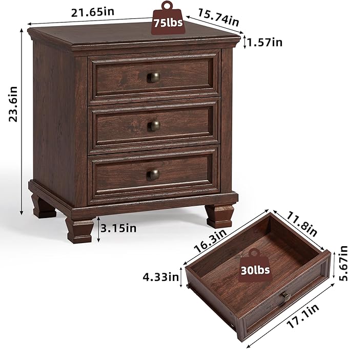 Farmhouse Walnut Bedroom Sets of 4, Includes 6 Drawer Large Dresser, Vintage Night Stand with 3 Drawers, Small 5 Chest of Drawers, Wood Rustic Dresser & Nightstand Set for Home, Living Room