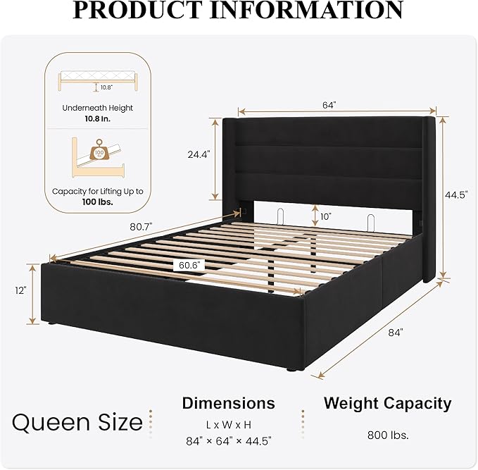 SHA CERLIN Queen Size Lift Up Storage Bed/Velvet Upholstered/Modern Wingback Headboard/Upholstered Platform Bed Frame/Hydraulic Storage/No Box Spring Needed/Black