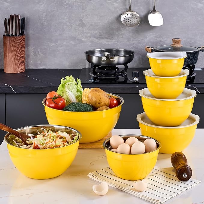 Yellow Mixing Bowls With Airtight Lids,Stainless Steel Bowl,Salad Bowls 7 Piece Colorful Nesting Bowl Yellow Kitchen Accessories,Size 7,3.6,2.7,2.1,1.5,1.1,0.8QT Stackable Design