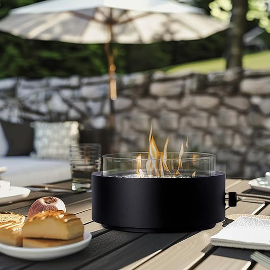 14-Inch Round Propane Fire Pit, 10000 BTU Portable Tabletop Fireplace with Glass Stones, Umbrella Hole Compatible for Outdoor Patio Tables & Camping, Black