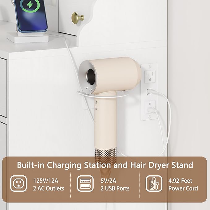 White Vanity Desk with Mirror and Lights, Makeup Vanity Table with Lighted Mirror, 5 Drawers & RGB Cabinet, Dressing Table Set with Charging Station for Girls Bedroom, 3 Lighting Modes