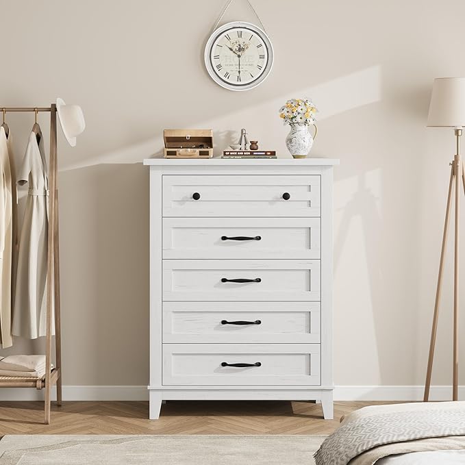 GarveeHome 5 Dresser for Bedroom, 41.3" Tall Vertical Drawer Dresser with Large Storage, Freestanding Wooden Closet Chest for Bedroom, Living Room, White