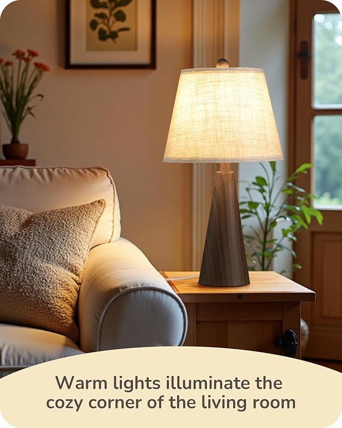 EDISHINE 21.85" Farmhouse Table Lamp, Rustic Bedside Lamp, Water Transfer Walnut Wood Grain Metal Base, Beige Linen Shade, Minimalist Nightstand Light for Living Room, Bedroom, Office, E26 Base