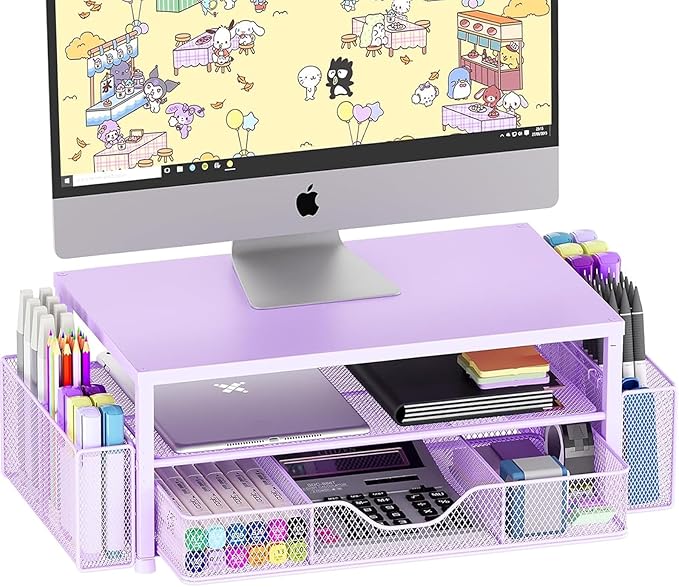 Desk Organizers and Accessories, 2-Tier Computer Monitor Stand Riser with Drawer and 2 Pen Holders, Laptop Stand, Office Desk Accessories for Office Supplies, Purple