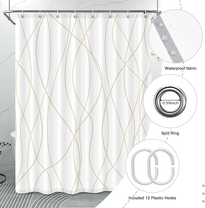 Punkray Beige Khaki Shower Curtain for Bathroom with Hooks, Extra Long Shower Curtain Set Stripe Bath Curtains Decorative White Shower Curtains Weighted Hem Water Repellent Washable, 54 x 72
