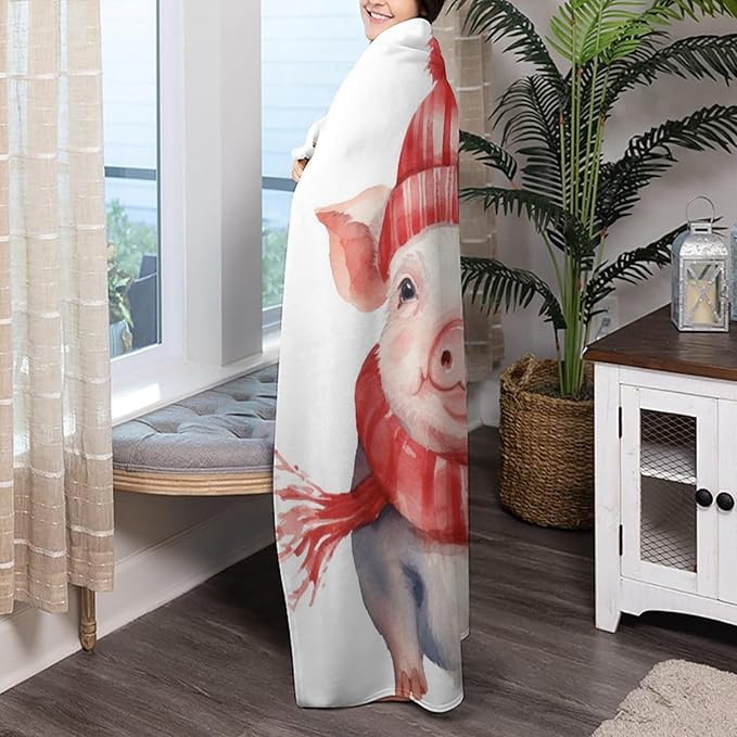 Christmas Winter Pig Fleece Throw Blankets Twin Size -Thick Fuzzy Warm Soft Twin Large Winter Blanket Throws for Bed 60x80 in