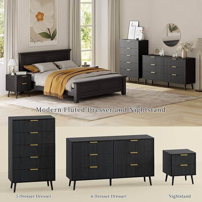LYNSOM 55" Wide Fluted Dresser for Bedroom with 6 Drawer, Modern Chest of Drawers with Curved Profile Design and Metal Handles, Wood Dresser TV Stand & Storage Organizer for Living Room, Black