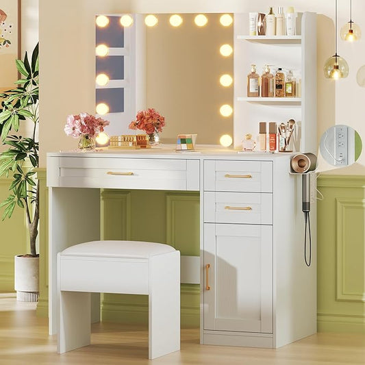 Vanity Desk with Lights, 37inch Makeup Vanity Desk with Mirror & Power Outlet, 3 Colors Lighting Adjustable Brightness, Makeup Vanity Set with Cushioned Chair and Cabinet, 3 Drawers, White