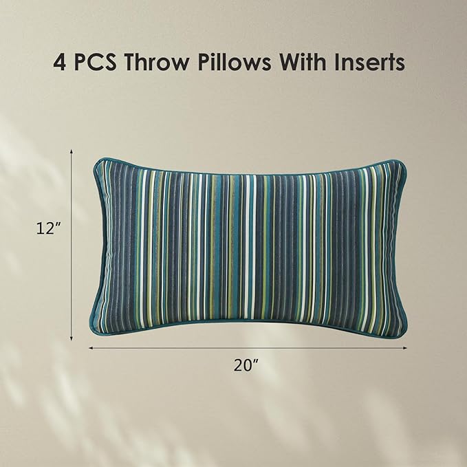 Sunbrella Decorative Outdoor Water Repellent Throw Pillows with Inserts, Set of 4, 20" x12" Pillows for Patio, Backyard, Bed, Couch, and Patio Furniture, Beach Stripe Lagoon
