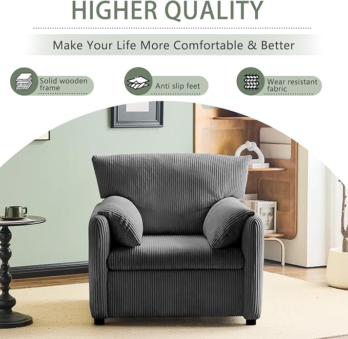 Corduroy Single Sofa Chair Modern Upholstered Accent Chair for Reading Comfy Living Room Chair with Side Pocket Oversized Armchair for Bedroom Lounge(Charcoal)