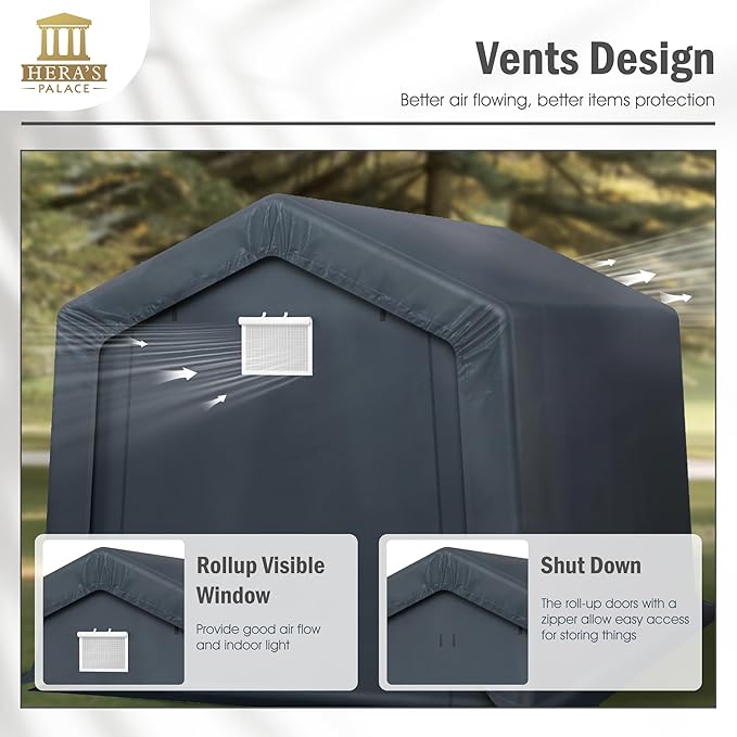 HERA'S PALACE 8x12ft Heavy Duty Carport Outdoor Patio Anti-Snow Portable Canopy Storage Shelter Shed with 2 Doors Garage Kit Tent for Motorcycle Garden Tools