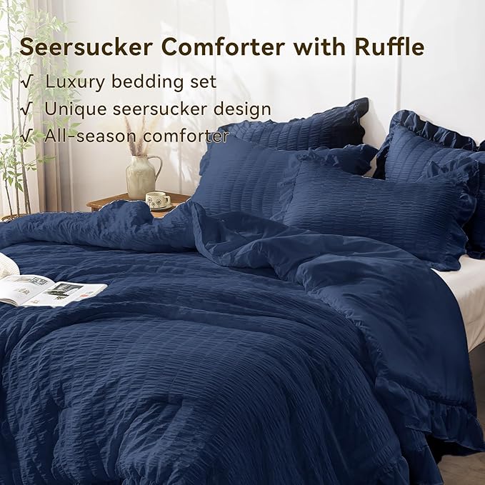 JOLLYVOGUE Navy Blue Twin Size Comforter Set, 2 Pieces Seersucker Lightweight Fluffy Bedding Set, Twin Ruffle Comforter, All Season Soft Microfiber Shabby Chic Bed Set