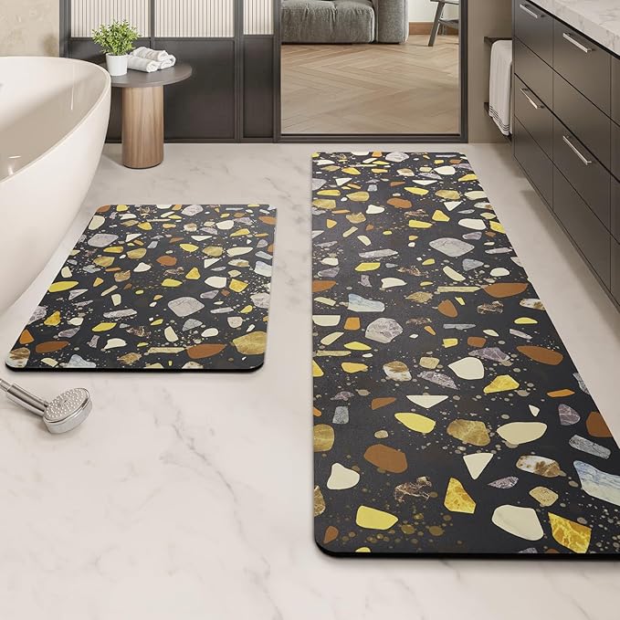 MontVoo -Bath Mat-Non Slip Thin Bathroom Rugs Fit Under Door- Quick Dry Absorbent Faux Suede Surface Grey Bathroom Floor Mats-Shower Rug for in Front of Bathtub Shower Black & Multi Color 24X70