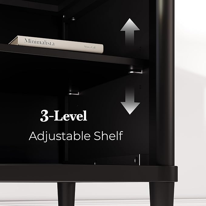 Lenia Solid Wood TV Stand – Mid-Century Modern Entertainment Center, Wooden Media Console with Chevron Doors, Adjustable Shelves & Cable Management – Sturdy Design – Mocha Black Finish