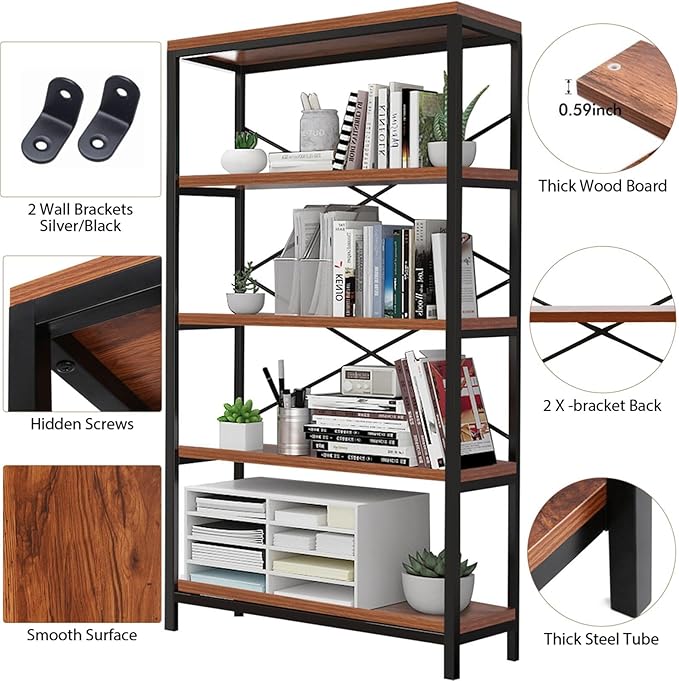 Himimi Industrial Bookshelf 5-Tier, Bookcase 58" H Ladder Shelf, Storage Shelves Rack Shelf Unit, Accent Furniture Metal Frame, Home Office Furniture for Bathroom, Living Room, Vintage Brown