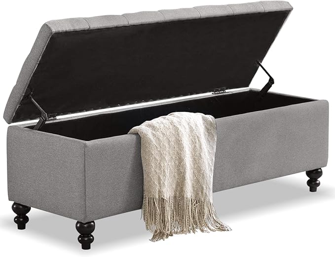 Storage Ottoman 50.2 Inches Upholstered Fabric Bench，Button Tufted for Living Room，Bedroom End of Bed Bench Withstands 303lbs (Grey)