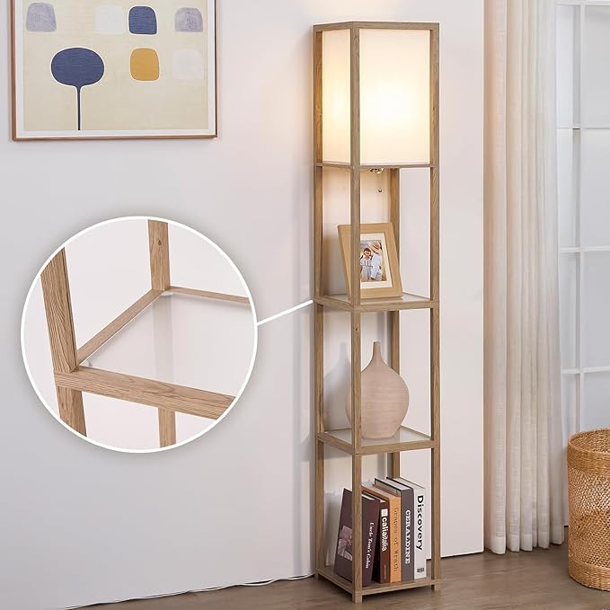 Floor Lamp with Shelves, Modern Shelf Lamps with LED Bulb, Corner Lamps with Glass Shelves, Display Shelf with Light, Standing Lamp for Living Room, Bedroom, Office-Rustic Wood