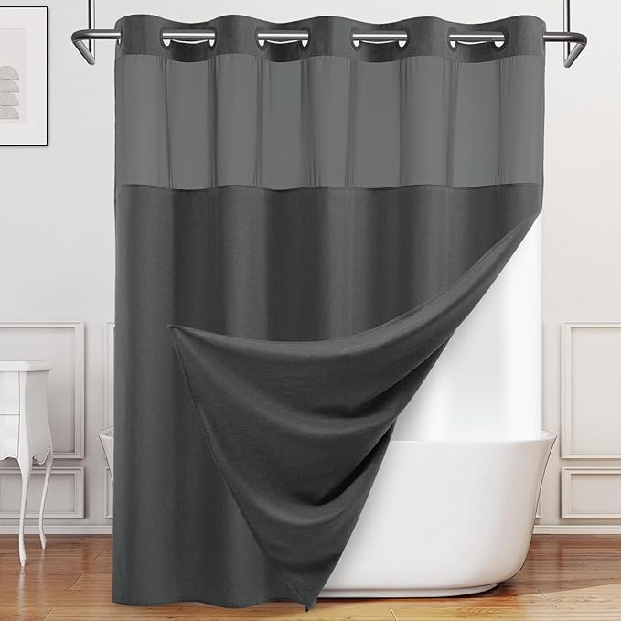 No Hook Shower Curtain with Snap in Liner, Polyester Textured Shower Curtain with Liner Set, Waterproof Washable Hotel Style Shower Curtains for Bathroom, 71Wx74H, Charcoal Grey