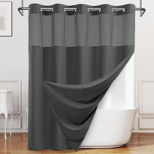 No Hook Shower Curtain with Snap in Liner, Polyester Textured Shower Curtain with Liner Set, Waterproof Washable Hotel Style Shower Curtains for Bathroom, 71Wx74H, Charcoal Grey