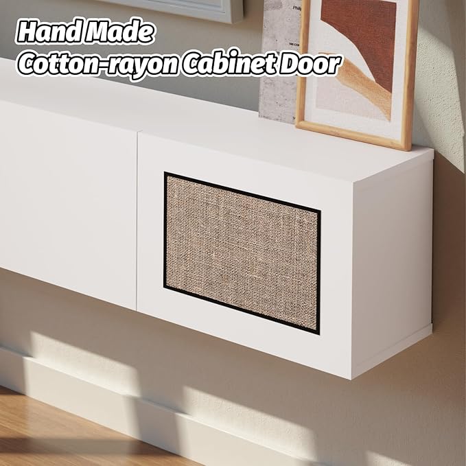 Pmnianhua Boho Floating TV Stand 94", Modern Wall Mounted Media Console with Cotton-Rayon Doors for Under TV Shelf,Entertainment Center,Living Room,Bedroom(White)