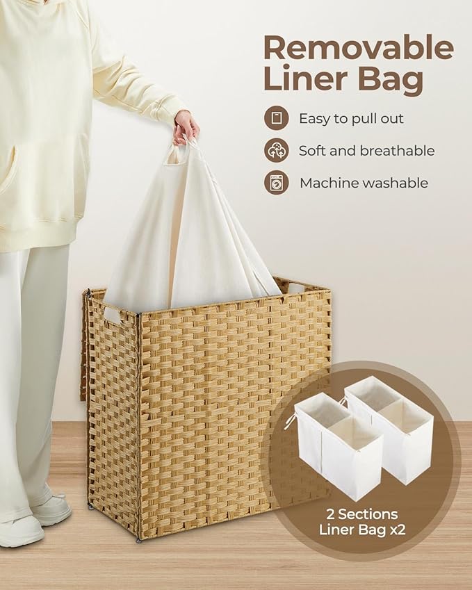 Greenstell Laundry Hamper with lid, No Install Needed, 130L Wicker Laundry Baskets Foldable 2 Removable Liner Bags, 2 Section Clothes Hamper Handwoven Rattan Laundry Basket with Handles, Natural