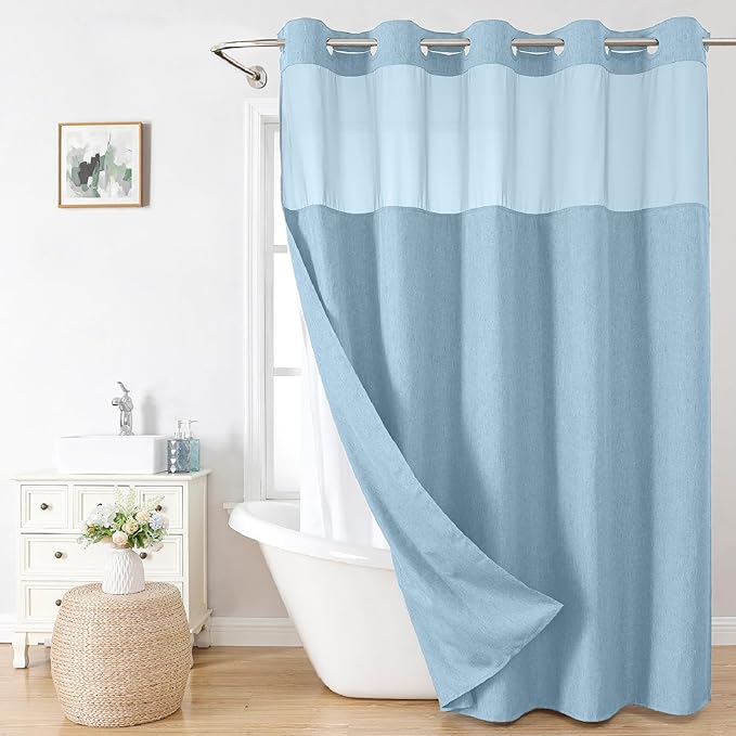 Extra Long No Hooks Needed Linen Textured Shower Curtain with Snap-in Fabric Liner Set,White Hotel Luxury Decor Shower Curtains for Bathroom,Waterproof & Washable,71Wx86H,Fog Blue