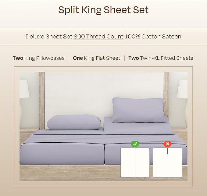 California Design Den 100% Cotton Sateen Split King Sheet Set - Luxury 800 Thread Count Bedding Set with Deep Pockets - Cooling & Softer Thick Cotton Sheets Than Egyptian Cotton Sheets (Lavender)