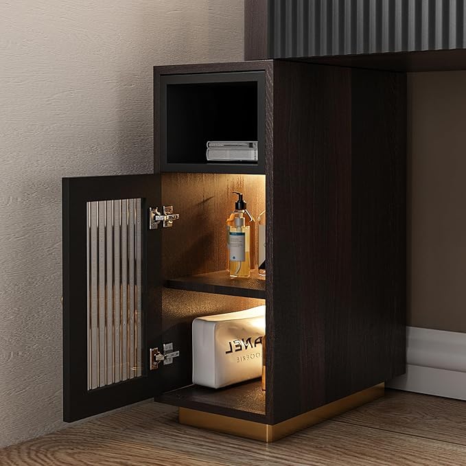 Lartis Makeup Vanity, with LED Makeup Mirror, Three Adjustable Light Levels, Tempered Teal Glass countertop,White Wax Wood Makeup Stool