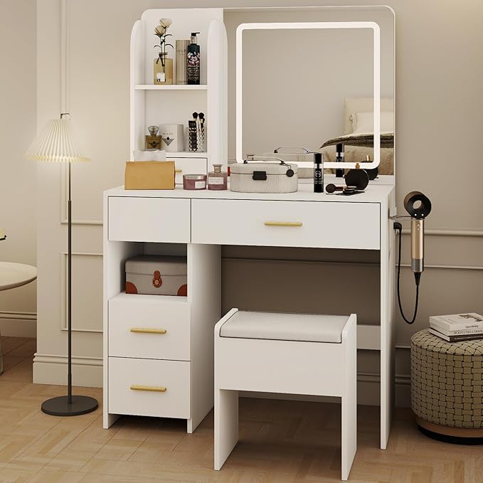 Vanity Desk with Mirror and Lights, 3 Adjustable Lighting Makeup Vanity Desk with 3 Storage Shelves, 5 Large Drawers and Power Outlet, White Vanity with Chair for Bedroom