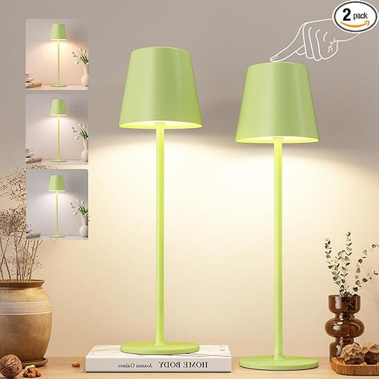 Kakanuo Yellow Green Cordless Table Lamps, Rechargeable Lamp, Battery Operated Lamps, Touch Control Table Lamps, 3 Color Temperature, Stepless Dimmable, LED Portable Wireless Battery Lamp, Set of 2