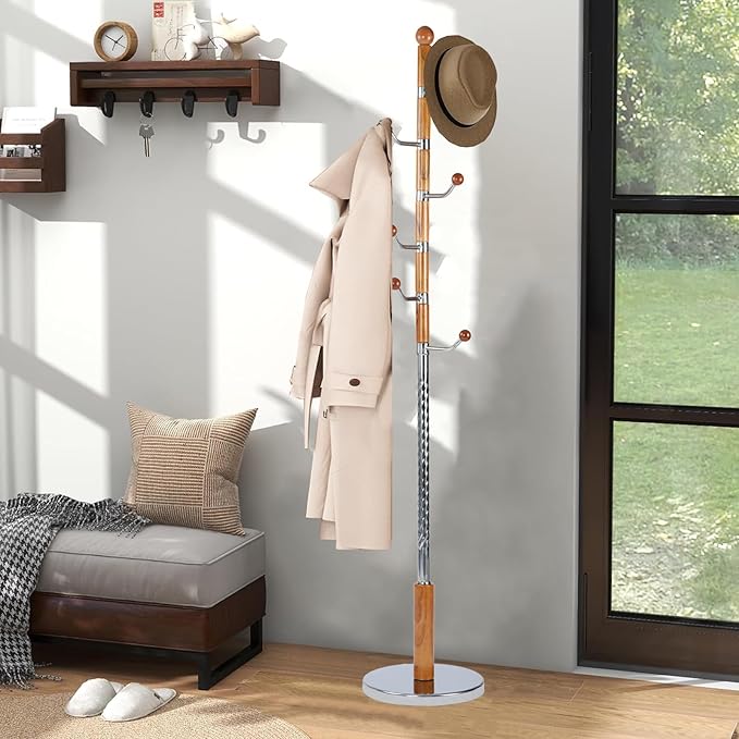 Coat Racks Freestanding, Natural Wood Coat Stands with 6 Hooks, 68" Heavy Duty Adjustable Height Vintage Hall Tree for Entryway, Bedroom, Office, Easy Assembly (Solid Wood Metal Hook)