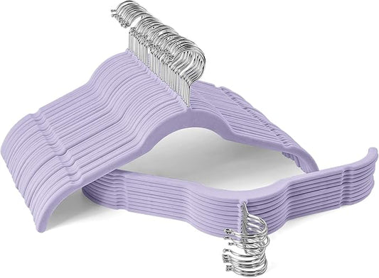 Velvet Hangers 50 Pack – Slim Non-Slip Flocked Hangers with 360° Swivel Hook, Space-Saving Closet Organizer for Dresses, Coats, Blouses(Purple)